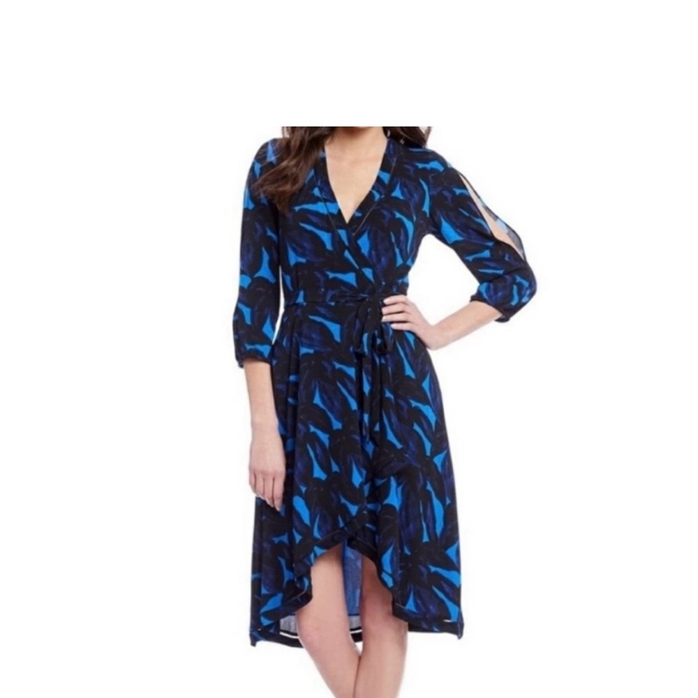 H by Halston Black and Blue Asymmetrical Wrap Dress